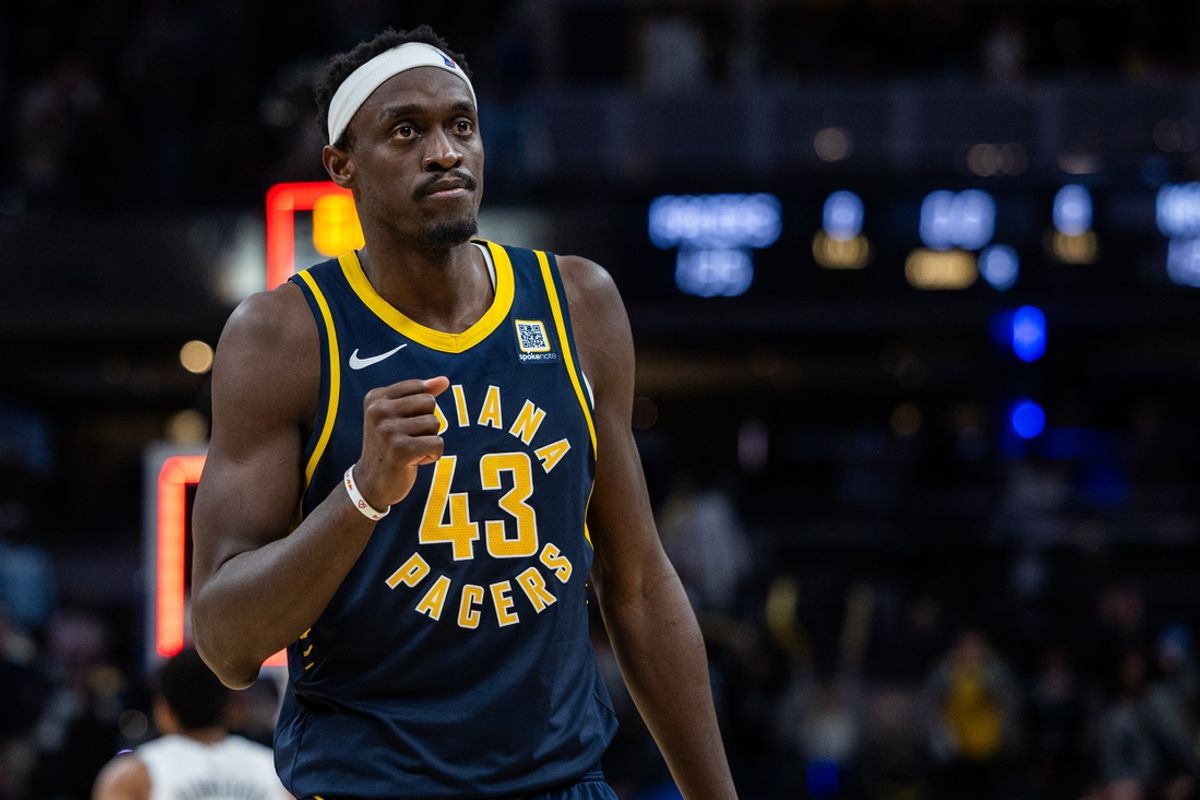 Mar 19, 2025; Indianapolis, Indiana, USA;  Indiana Pacers forward Pascal Siakam (43) celebrates the win against the Dallas Mavericks at Gainbridge Fieldhouse. Mandatory Credit: Trevor Ruszkowski-Imagn Images