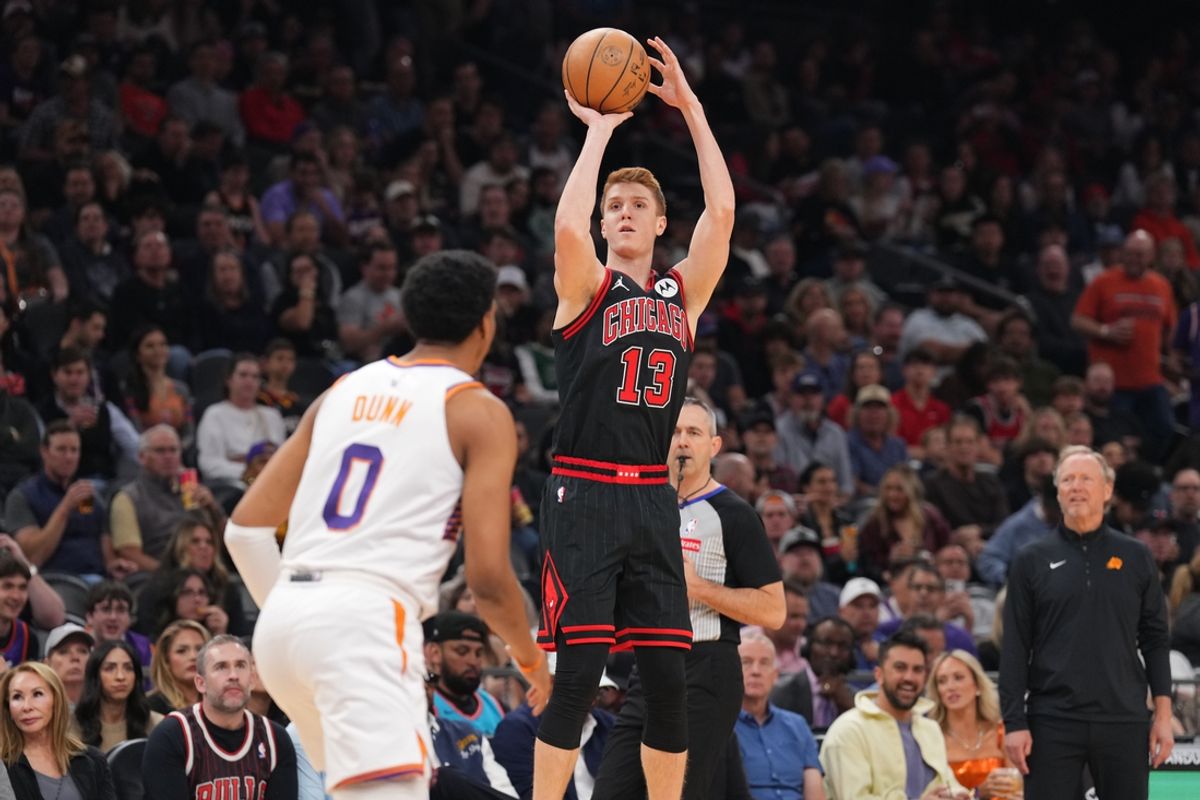 Mar 19, 2025; Phoenix, Arizona, USA; Chicago Bulls guard Kevin Huerter (13) shoots against the Phoenix Suns during the first half at PHX Aena. Mandatory Credit: Joe Camporeale-Imagn Images