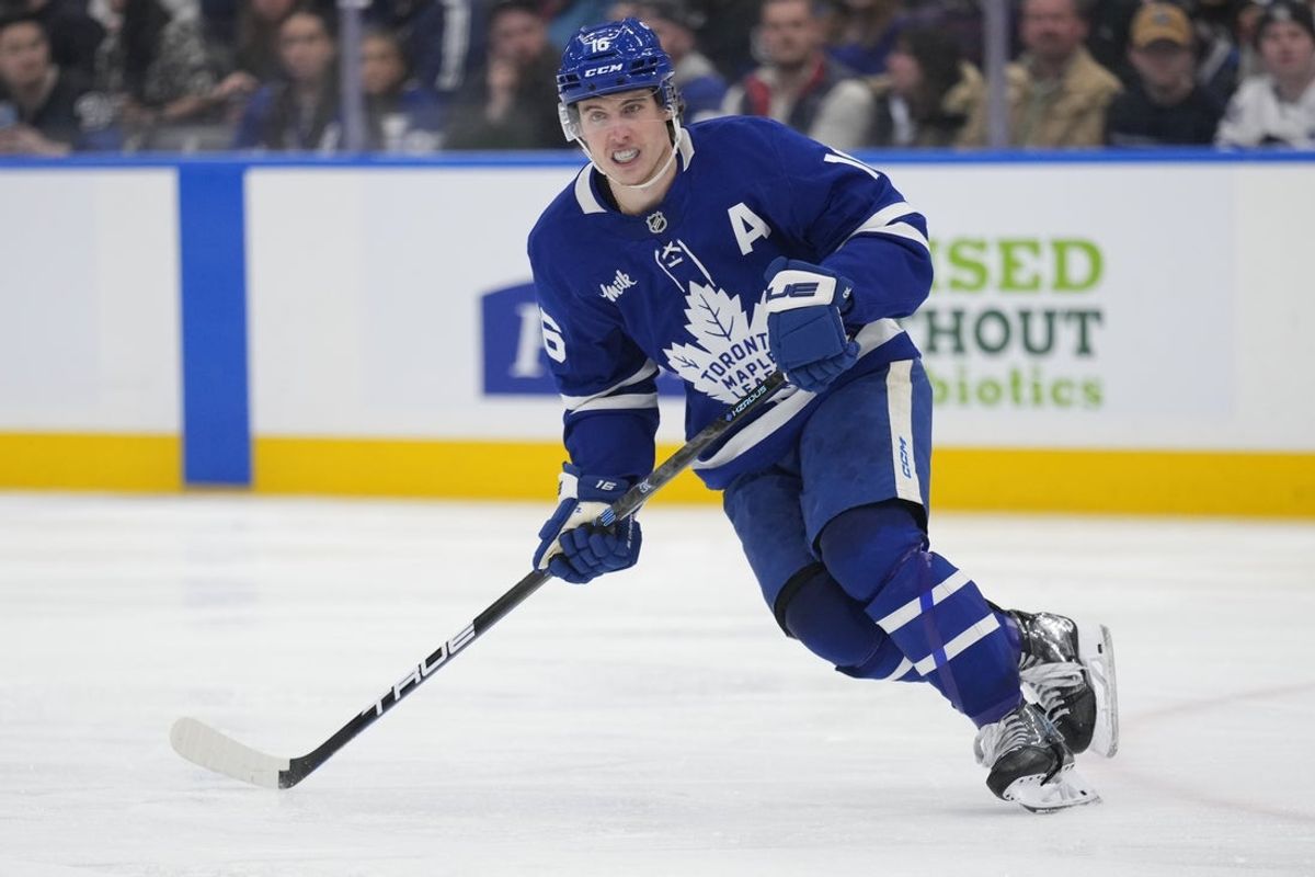 Mar 19, 2025; Toronto, Ontario, CAN; Toronto Maple Leafs forward Mitch Marner (16) skates against the Colorado Avalanche during the third period at Scotiabank Arena. Mandatory Credit: John E. Sokolowski-Imagn Images