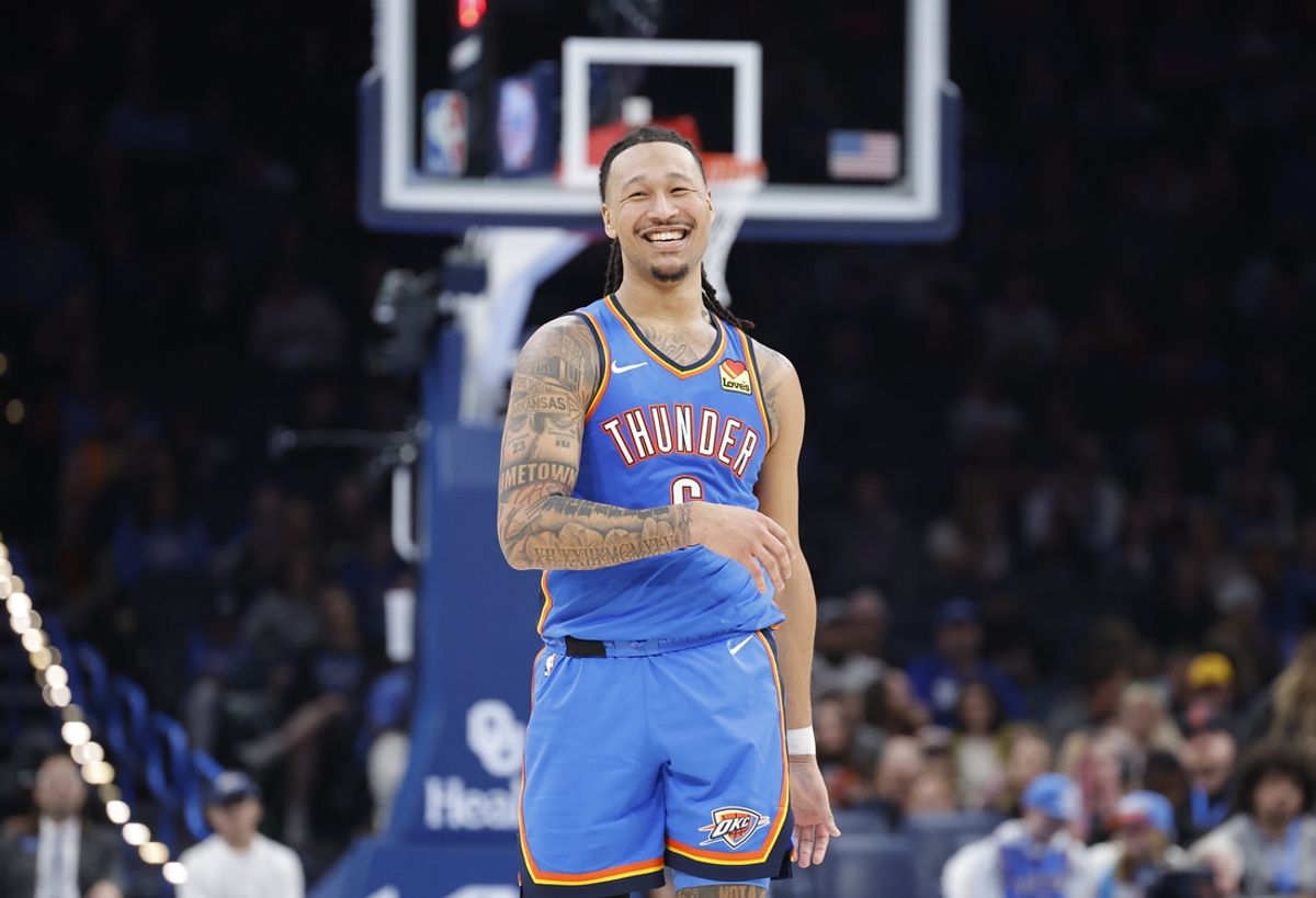 Mar 19, 2025; Oklahoma City, Oklahoma, USA; Oklahoma City Thunder forward Jaylin Williams (6) smiles during a time out against the Philadelphia 76ers during the second half at Paycom Center. Mandatory Credit: Alonzo Adams-Imagn Images