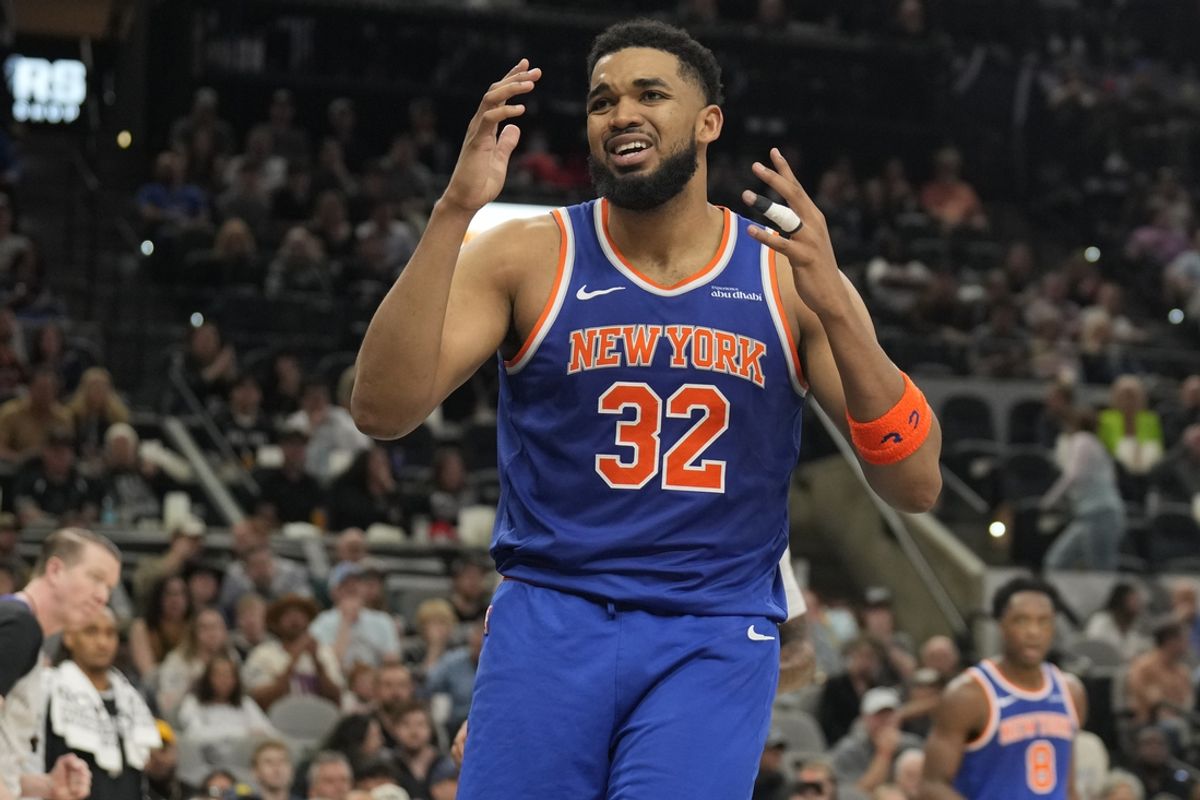 Mar 19, 2025; San Antonio, Texas, USA; New York Knicks forward Karl-Anthony Towns (32) reacts during the second half against the San Antonio Spurs at Frost Bank Center. Mandatory Credit: Scott Wachter-Imagn Images