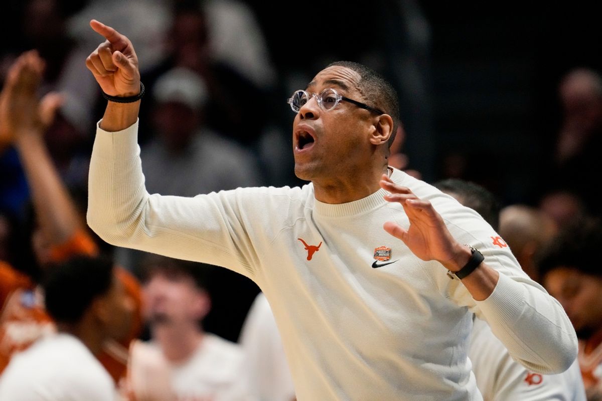 Texas Longhorns head coach Rodney Terry shouts to his defense in the second half of the NCAA Tournament First Four game between the Xavier Musketeers and the Texas Longhorns at University of Dayton Arena in Dayton, Ohio, on Wednesday, March 19, 2025. Xavier advances with an 86-80 win over Texas, moving on to play Illinois in the first round.