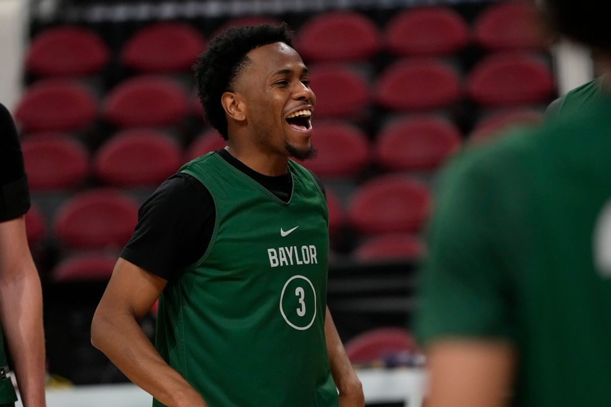 Mar 20, 2025; Raleigh, NC, USA; Baylor Bears guard Jeremy Roach (3) reacts during practice at Lenovo Center. Mandatory Credit: Bob Donnan-Imagn Images