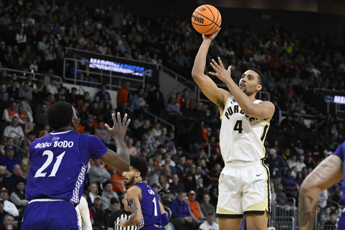 Mar 20, 2025; Providence, RI, USA; Purdue Boilermakers forward Trey Kaufman-Renn (4) shoots the ball over High Point Panthers forward Juslin Bodo Bodo (21) during the second half at Amica Mutual Pavilion. Mandatory Credit: Eric Canha-Imagn Images