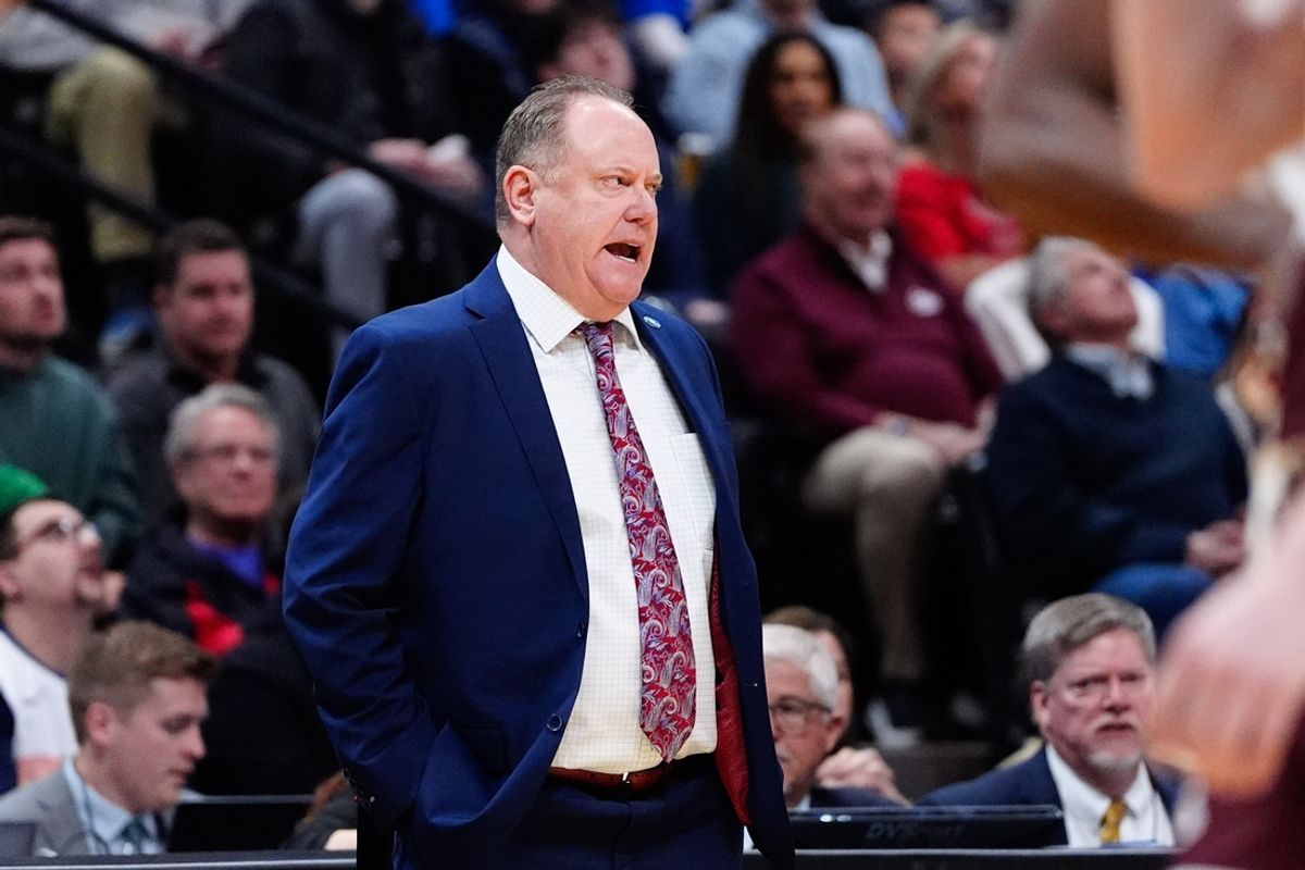 Mar 20, 2025; Denver, CO, USA; Wisconsin Badgers head coach Greg Gard looks on during the first half against the Montana Grizzlies in the first round of the NCAA Tournament at Ball Arena. Mandatory Credit: Ron Chenoy-Imagn Images