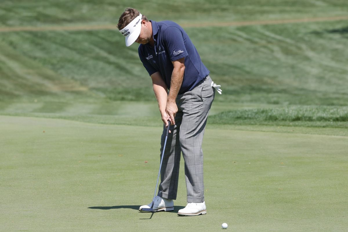 Mar 20, 2025; Palm Harbor, Florida, USA;  Keith Mitchell putts on the seventh green during the first round of the Valspar Championship golf tournament at Innisbrook Resort. Mandatory Credit: Reinhold Matay-Imagn Images