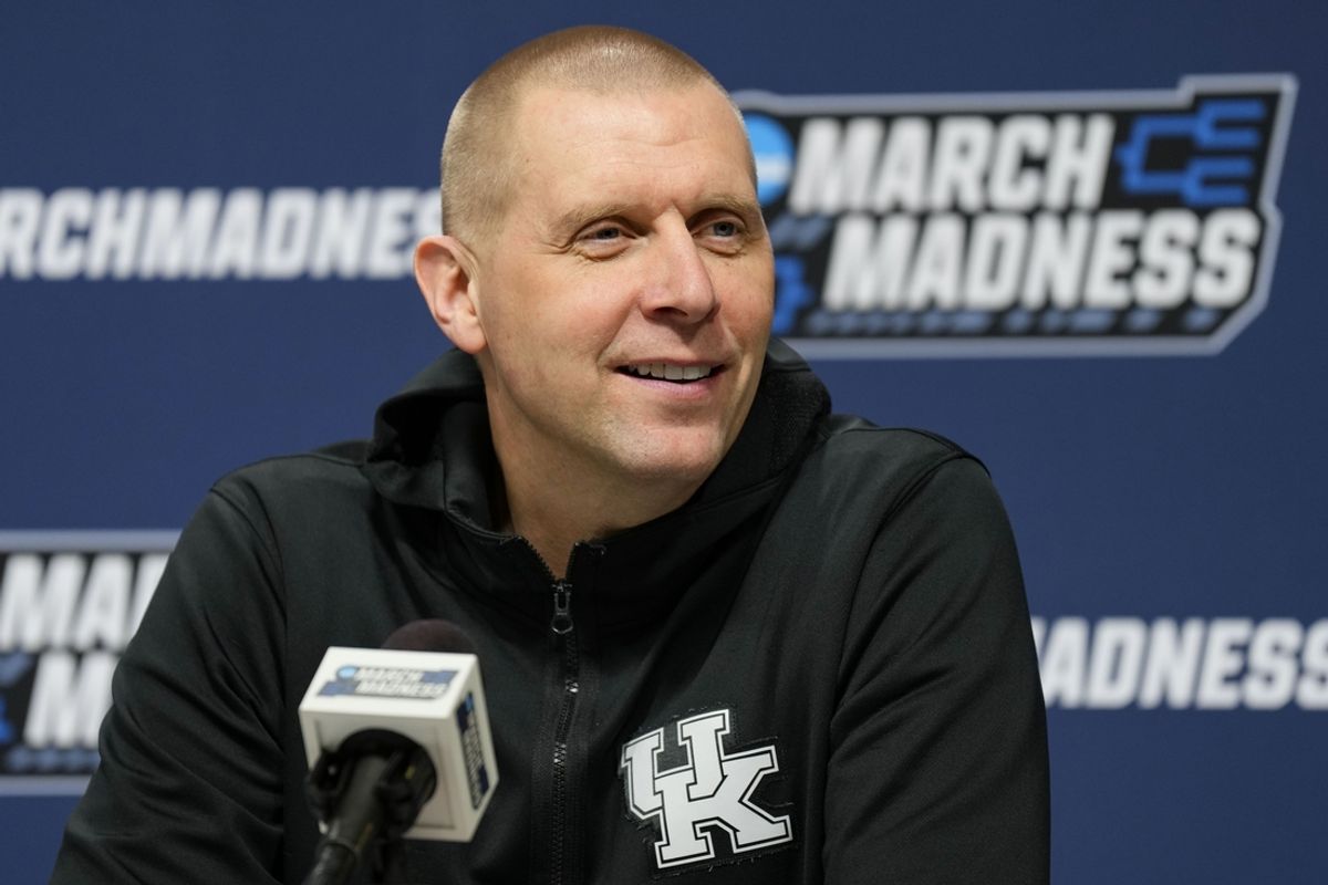 Mar 20, 2025; Milwaukee, WI, USA;  Kentucky Wildcats head coach Mark Pope speaks during an NCAA Tournament First Round Practice press conference at Fiserv Forum. Mandatory Credit: Jeff Hanisch-Imagn Images