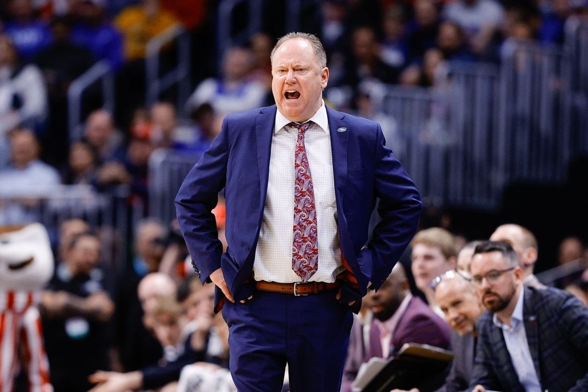 Mar 20, 2025; Denver, CO, USA; Wisconsin Badgers head coach Greg Gard reacts during the second half against the Montana Grizzlies in the first round of the NCAA Tournament at Ball Arena. Mandatory Credit: Isaiah J. Downing-Imagn Images