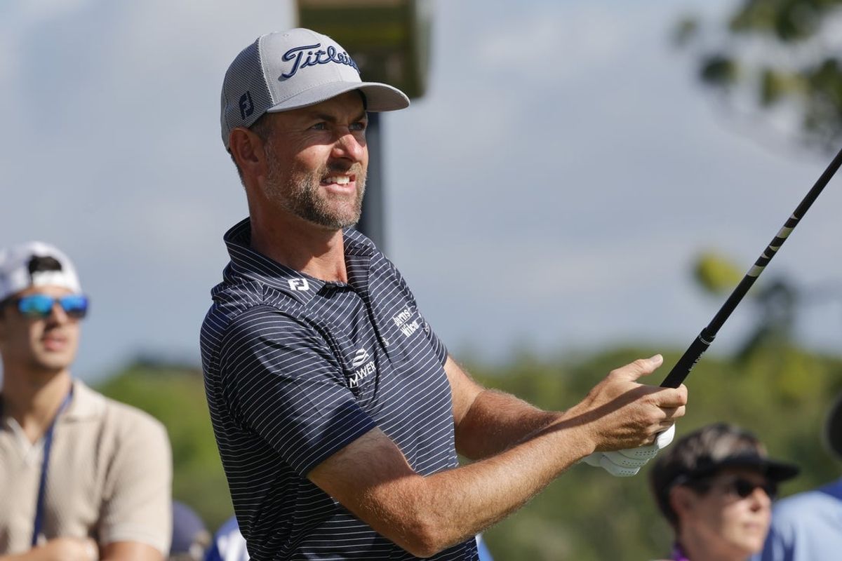 Mar 20, 2025; Palm Harbor, Florida, USA;  Webb Simpson plays his shot from the tenth tee during the first round of the Valspar Championship golf tournament at Innisbrook Resort. Mandatory Credit: Reinhold Matay-Imagn Images