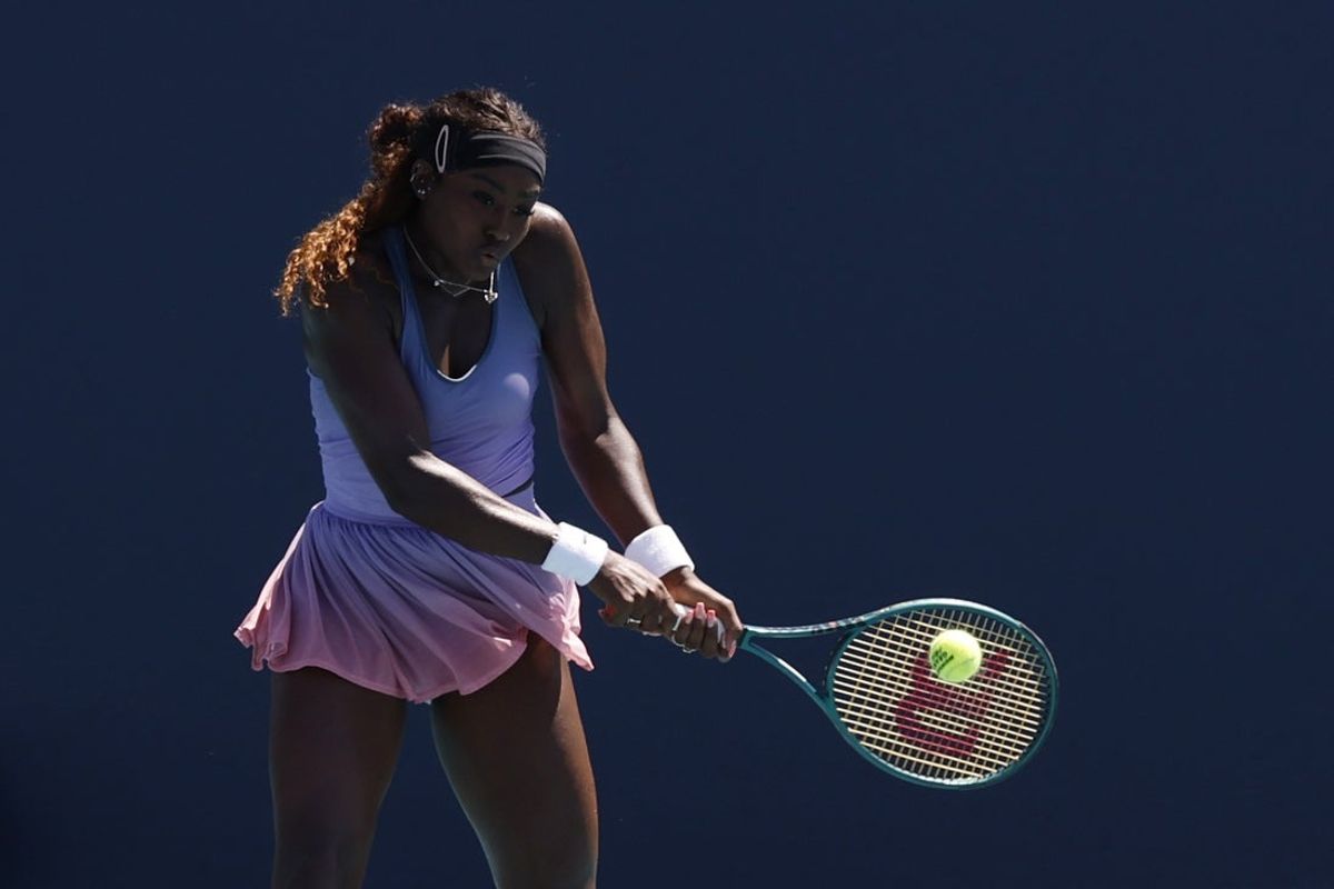 Mar 20, 2025; Miami, FL, USA; Alycia Parks (USA) hits a backhand against Leylah Fernandez (CAN)(not pictured) on day three of the Miami Open at Hard Rock Stadium. Mandatory Credit: Geoff Burke-Imagn Images