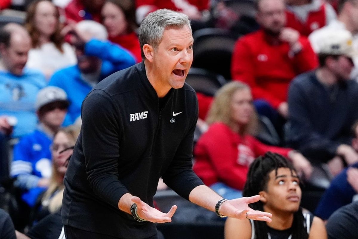Mar 20, 2025; Denver, CO, USA; VCU Rams head coach Ryan Odom reacts during the first half against the Brigham Young Cougars in the first round of the NCAA Tournament at Ball Arena. Mandatory Credit: Ron Chenoy-Imagn Images