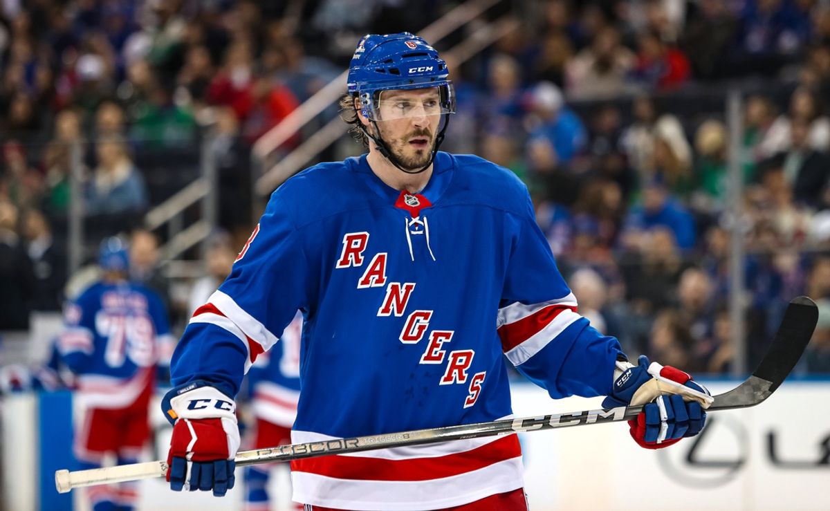Mar 16, 2025; New York, New York, USA; New York Rangers center J.T. Miller (8) skates against the Edmonton Oilers during the first period at Madison Square Garden. Mandatory Credit: Danny Wild-Imagn Images