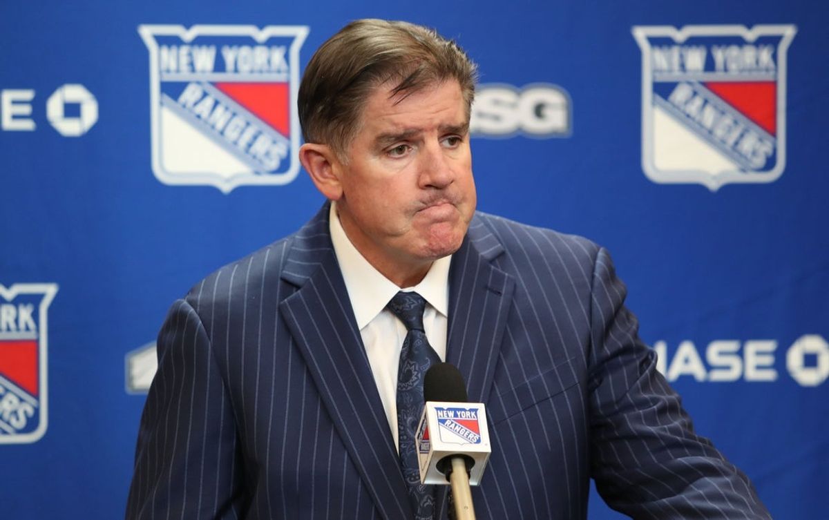 Mar 16, 2025; New York, New York, USA; New York Rangers head coach Peter Laviolette speaks to the media after a 3-1 loss to the Edmonton Oilers at Madison Square Garden. Mandatory Credit: Danny Wild-Imagn Images