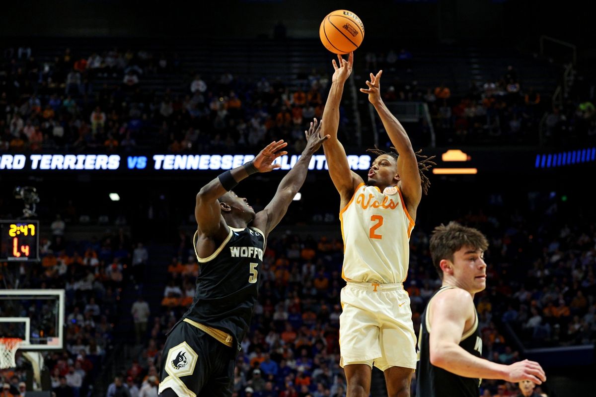 Mar 20, 2025; Lexington, KY, USA; Tennessee Volunteers guard Chaz Lanier (2) shoots the ball against Wofford Terriers guard Justin Bailey (5) during the first half in the first round of the NCAA Tournament at Rupp Arena. Mandatory Credit: Jordan Prather-Imagn Images