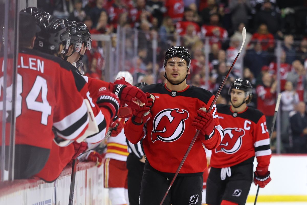 Mar 20, 2025; Newark, New Jersey, USA; New Jersey Devils right wing Timo Meier (28) celebrates his goal against the Calgary Flames during the first period at Prudential Center. Mandatory Credit: Ed Mulholland-Imagn Images