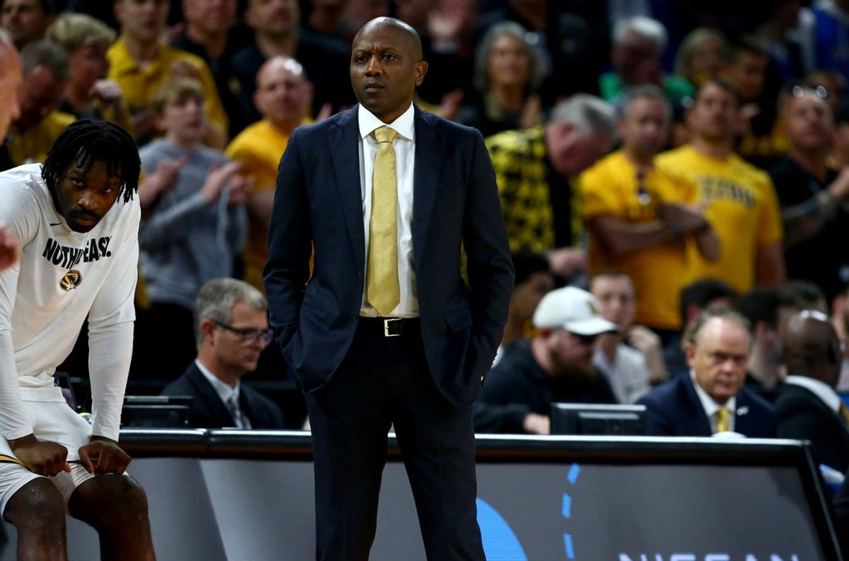 Mar 20, 2025; Wichita, KS, USA; Missouri Tigers head coach Dennis Gates in the first half of a first round men’s NCAA Tournament game against the Drake Bulldogs at Intrust Bank Arena. Mandatory Credit: Nick Tre. Smith-Imagn Images