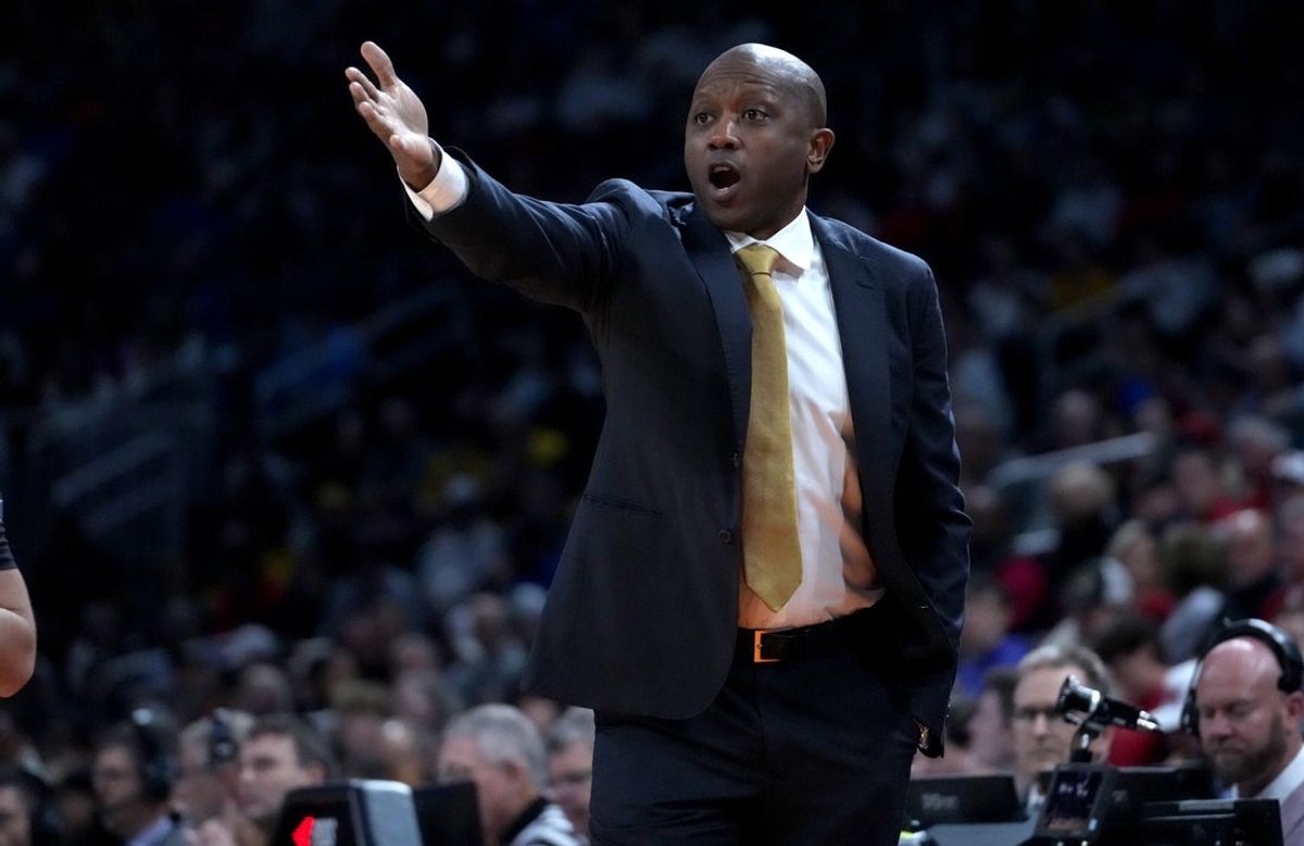 Mar 20, 2025; Wichita, KS, USA; Missouri Tigers head coach Dennis Gates in the first half of a first round men’s NCAA Tournament game against the Drake Bulldogs at Intrust Bank Arena. Mandatory Credit: Kirby Lee-Imagn Images