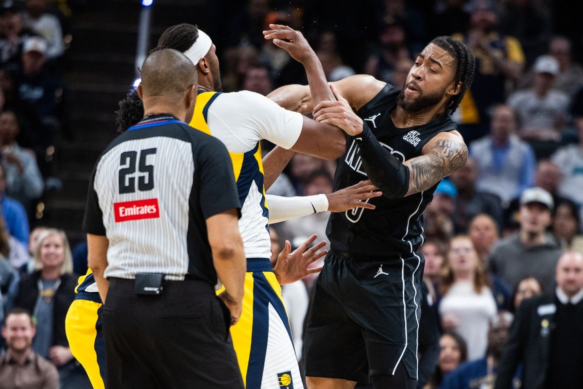 Mar 20, 2025; Indianapolis, Indiana, USA;Indiana Pacers center Myles Turner (33) and Brooklyn Nets forward Trendon Watford (9) get into a fight leading to Watford being ejected in the second half at Gainbridge Fieldhouse. Mandatory Credit: Trevor Ruszkowski-Imagn Images