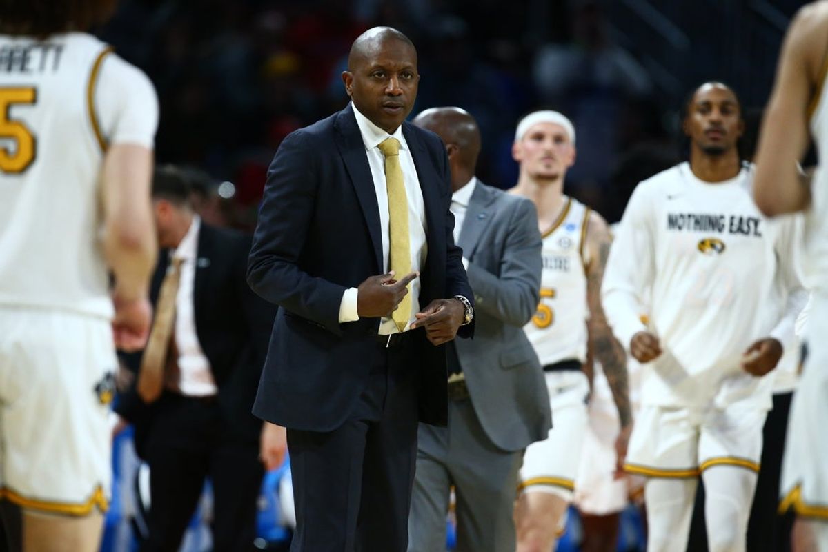 Mar 20, 2025; Wichita, KS, USA; Missouri Tigers head coach Dennis Gates in the second half of a first round men’s NCAA Tournament game against the Drake Bulldogs at Intrust Bank Arena. Mandatory Credit: Nick Tre. Smith-Imagn Images