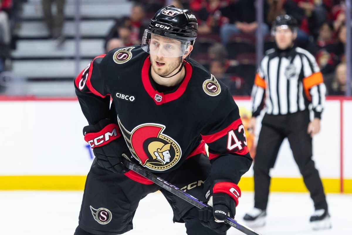 Mar 20, 2025; Ottawa, Ontario, CAN; Ottawa Senators defenseman Tyler Kleven (43) follows the puck in the second period against the Colorado Avalanche at the Canadian Tire Centre. Mandatory Credit: Marc DesRosiers-Imagn Images