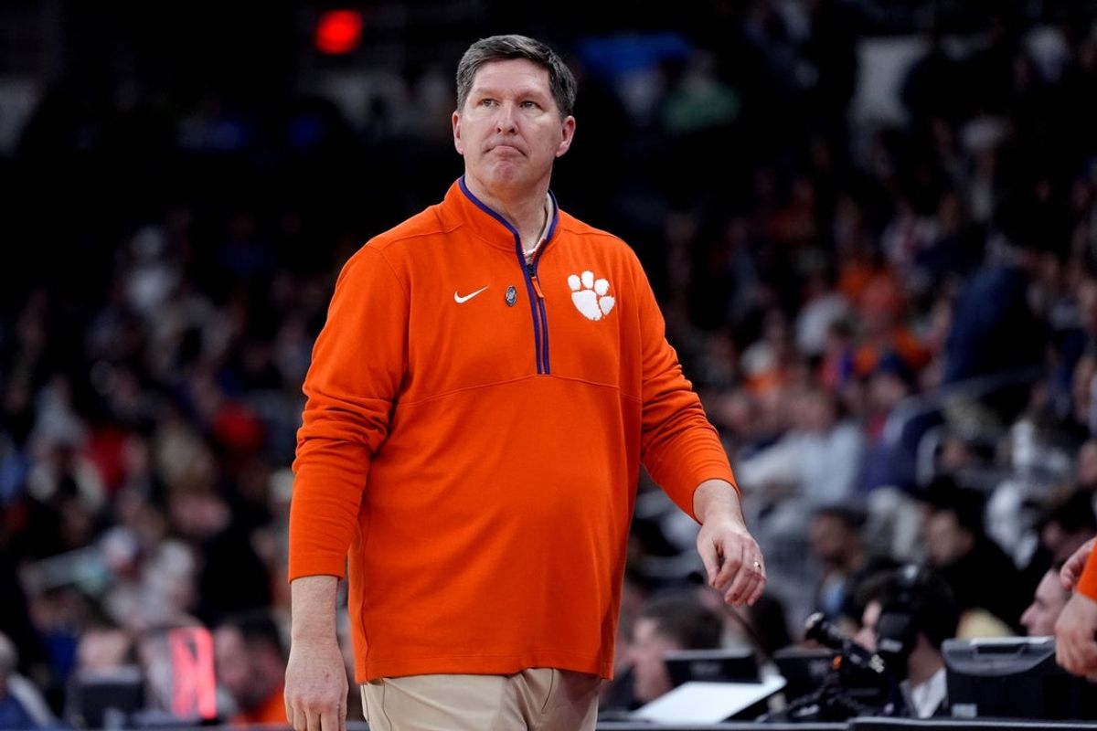 Mar 20, 2025; Providence, RI, USA; Clemson Tigers head coach Brad Brownell looks during the second half against the McNeese State Cowboys at Amica Mutual Pavilion. Mandatory Credit: Gregory Fisher-Imagn Images