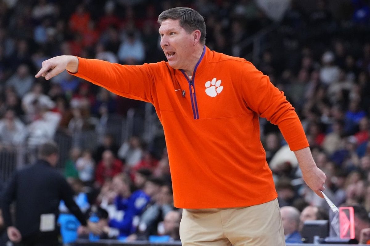 Mar 20, 2025; Providence, RI, USA; Clemson Tigers head coach Brad Brownell reacts during the second half against the McNeese State Cowboys at Amica Mutual Pavilion. Mandatory Credit: Gregory Fisher-Imagn Images