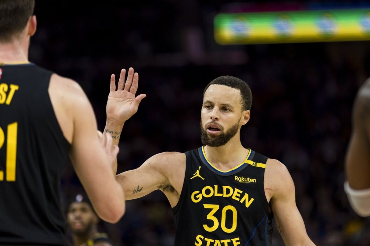 Mar 20, 2025; San Francisco, California, USA; Golden State Warriors guard Stephen Curry (30) reacts during the third quarter against the Toronto Raptors at Chase Center. Mandatory Credit: John Hefti-Imagn Images