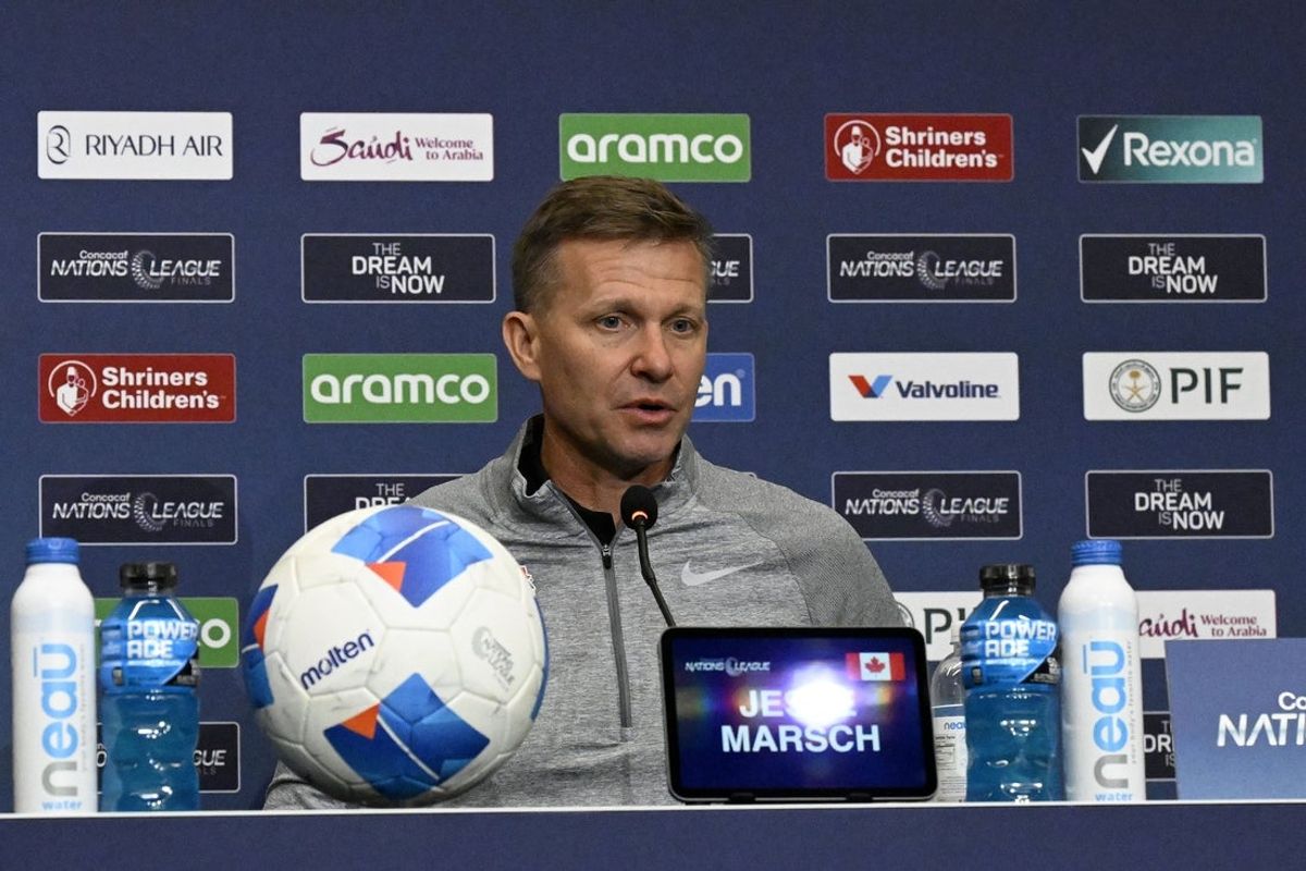 Mar 20, 2025; Inglewood, California, USA; Canada head coach Jesse Marsch speaks to the media after the match against Mexico in the Concacaf Nations League semifinal match at SoFi Stadium. Mandatory Credit: Alex Gallardo-Imagn Images