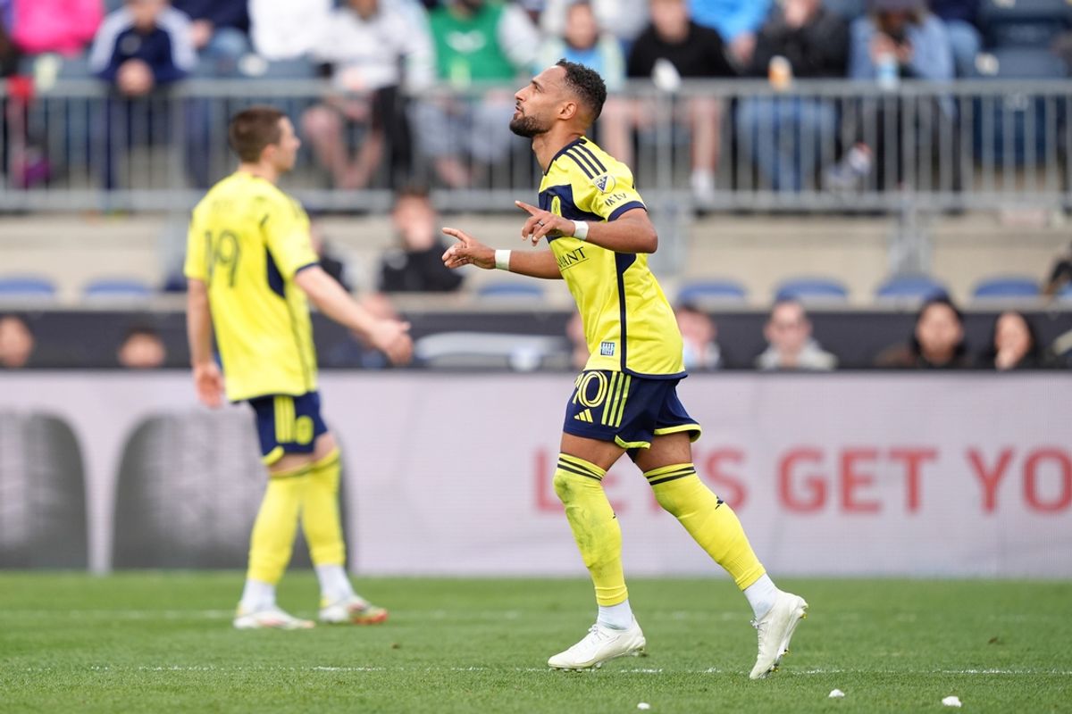 Mar 16, 2025; Chester, Pennsylvania, USA; Nashville SC forward Hany Mukhtar (10) reacts after scoring a penalty kick goal against the Philadelphia Union in the second half at Subaru Park. Mandatory Credit: Kyle Ross-Imagn Images