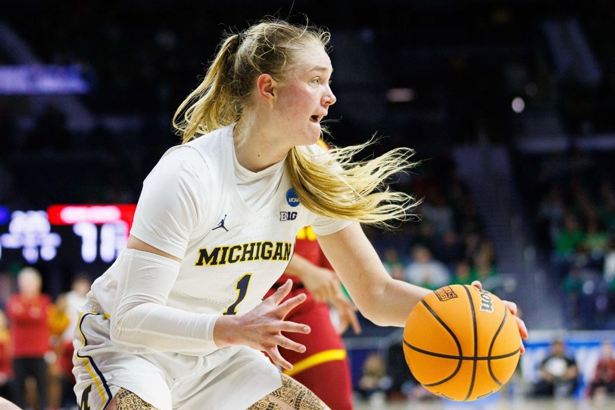 Michigan guard Olivia Olson (1) grabs a rebound during the first round of the NCAA Women's Basketball Tournament between Michigan and Iowa State at Purcell Pavilion on Friday, March 21, 2025, in South Bend.