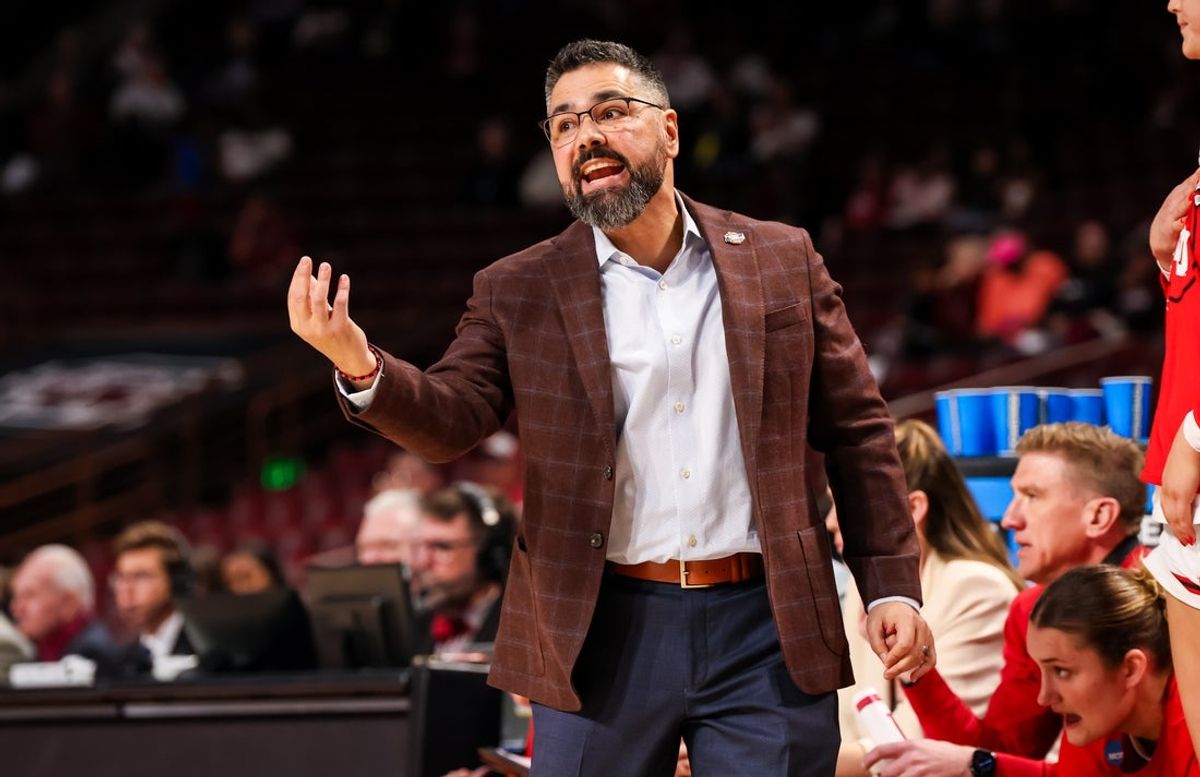 Mar 21, 2025; Columbia, South Carolina, USA; Utah Utes head coach Gavin Petersen directs his team against the Indiana Hoosiers in the first half at Colonial Life Arena. Mandatory Credit: Jeff Blake-Imagn Images