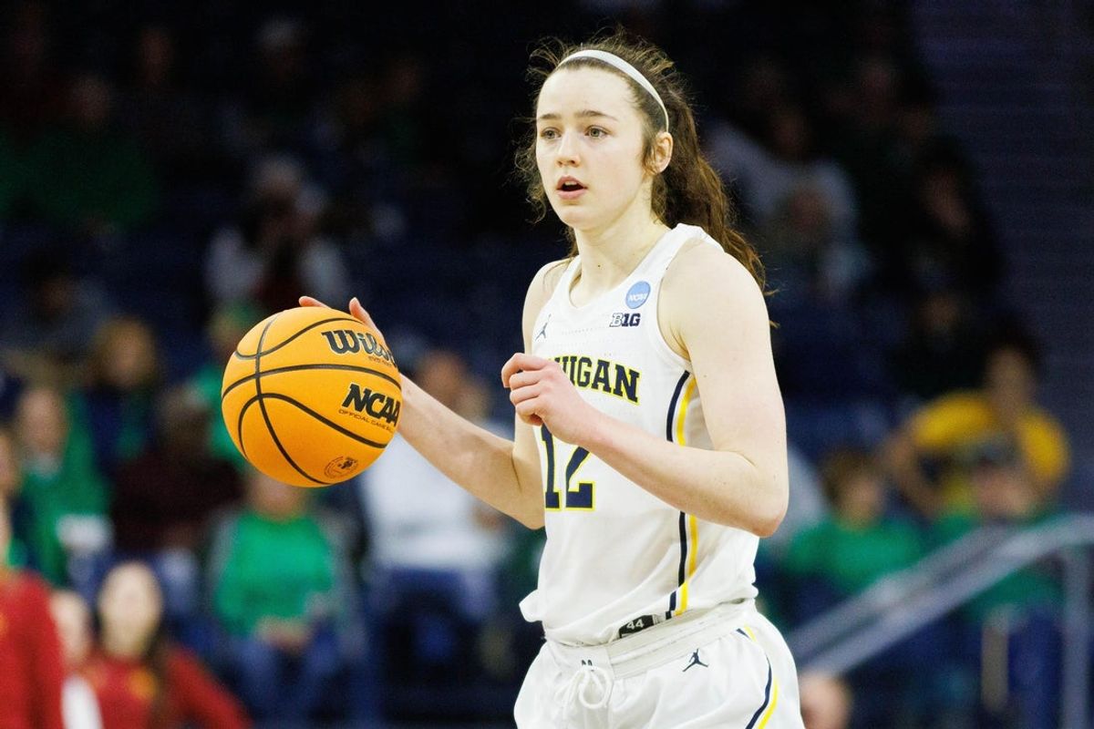 Michigan guard Syla Swords brings the ball up the court during the first round of the NCAA Women's Basketball Tournament between Michigan and Iowa State at Purcell Pavilion on Friday, March 21, 2025, in South Bend.