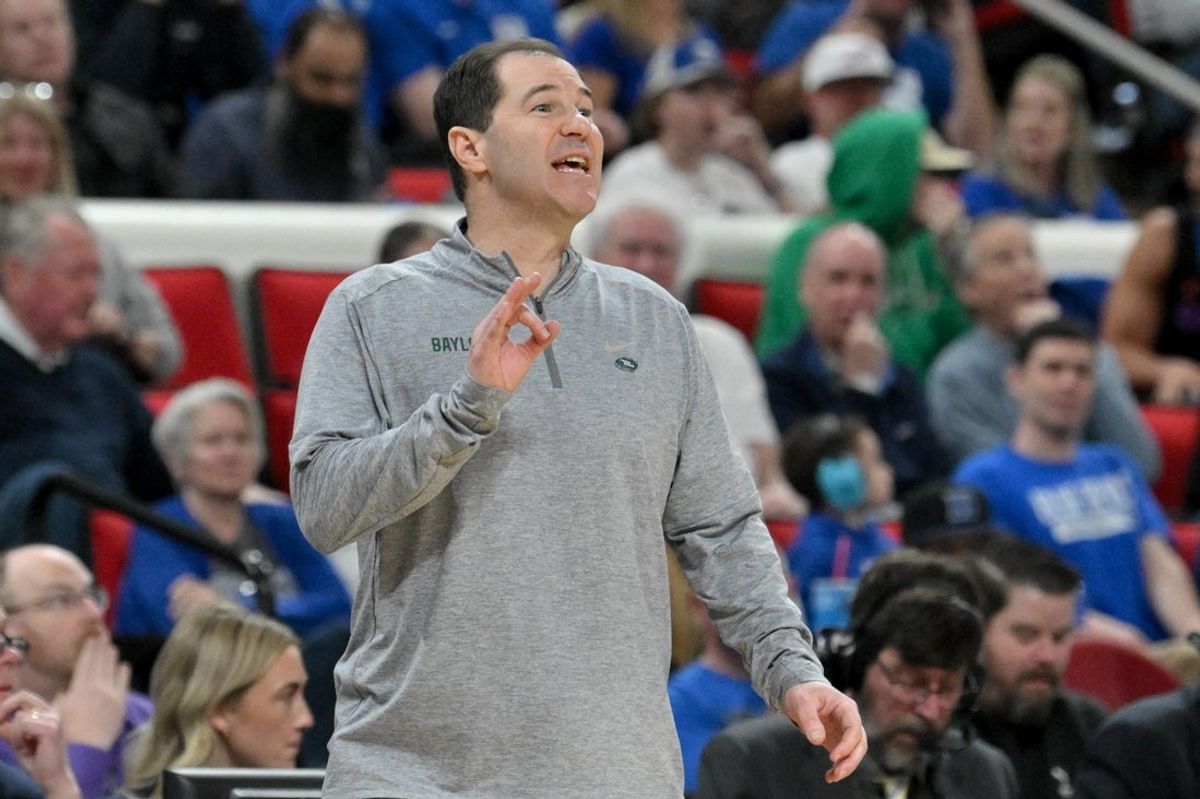 Mar 21, 2025; Raleigh, NC, USA; Baylor Bears head coach Scott Drew reacts during the second half against the Mississippi State Bulldogs in the first round of the NCAA Tournament at Lenovo Center. Mandatory Credit: Zachary Taft-Imagn Images