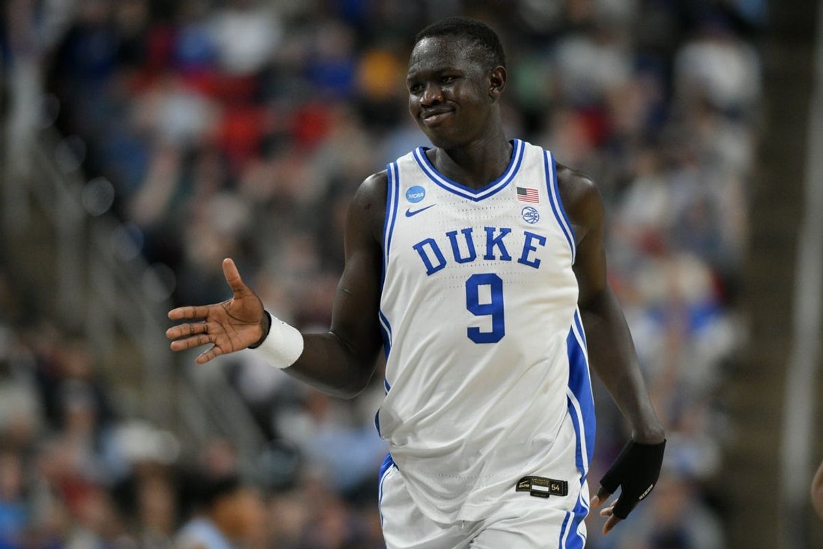 Mar 21, 2025; Raleigh, NC, USA; Duke Blue Devils center Khaman Maluach (9) celebrates during the first half against the Mount St. Mary's Mountaineers in the first round of the NCAA Tournament at Lenovo Center. Mandatory Credit: Zachary Taft-Imagn Images