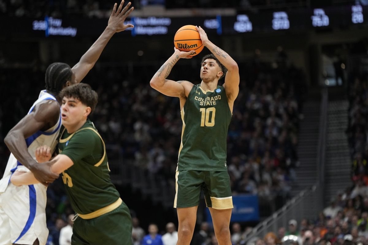 Mar 21, 2025; Seattle, WA, USA; Colorado State Rams guard Nique Clifford (10) shoots the ball during the second half against Memphis Tigers at Climate Pledge Arena. Mandatory Credit: Stephen Brashear-Imagn Images