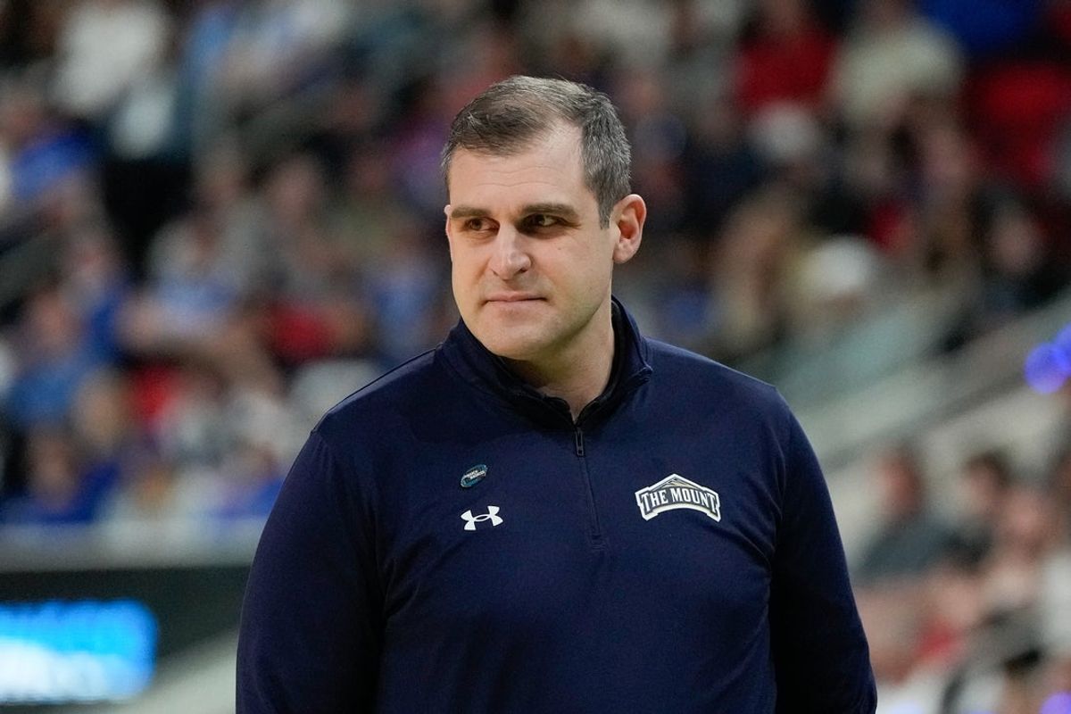 Mar 21, 2025; Raleigh, NC, USA; Mount St. Mary's Mountaineers head coach Donny Lind looks on during the first half against the Duke Blue Devils in the first round of the NCAA Tournament at Lenovo Center. Mandatory Credit: Bob Donnan-Imagn Images