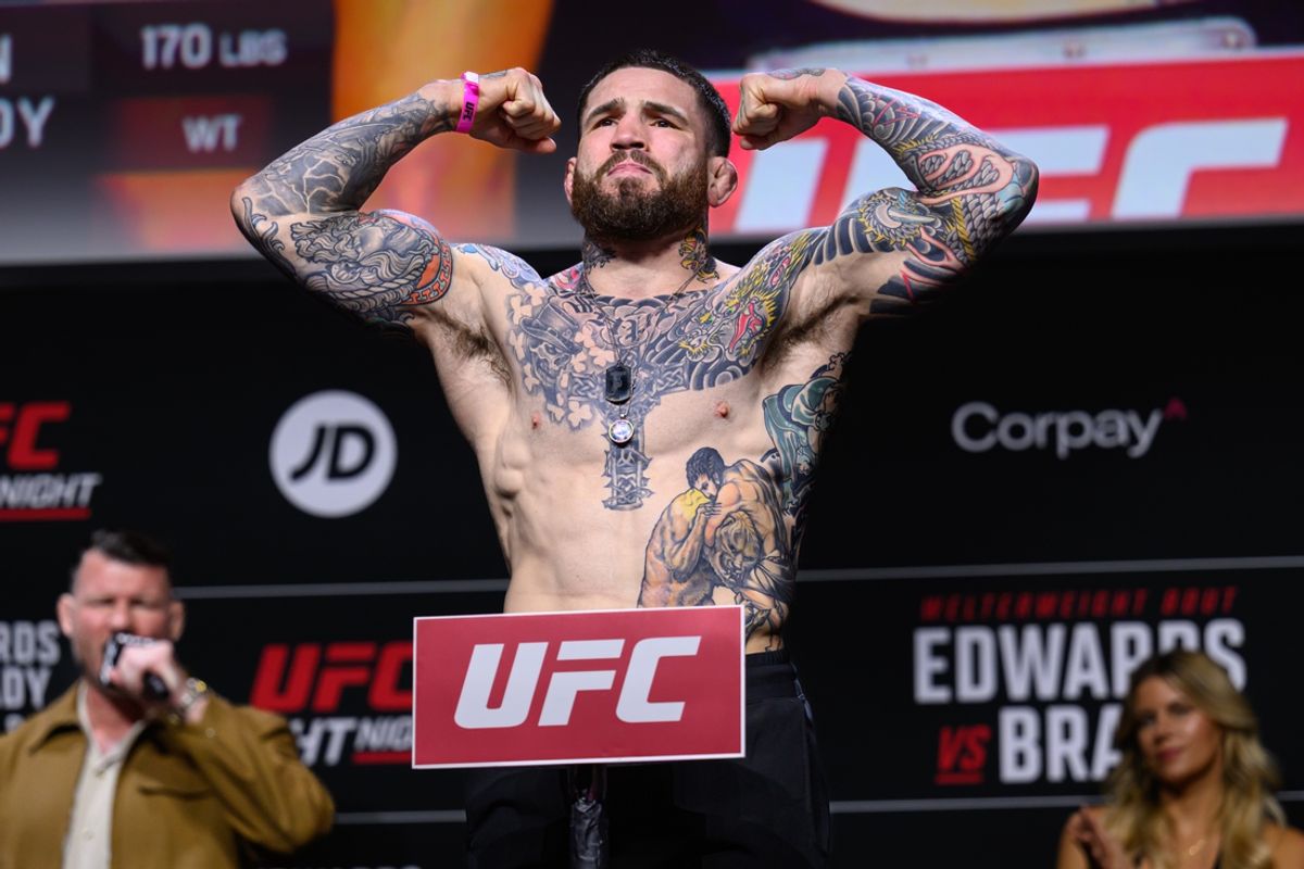 Mar 21, 2025; London, United Kingdom; UFC fighter Sean Brady during ceremonial weigh ins for UFC Fight Night at O2 Arena. Mandatory Credit: Per Haljestam-Imagn Images