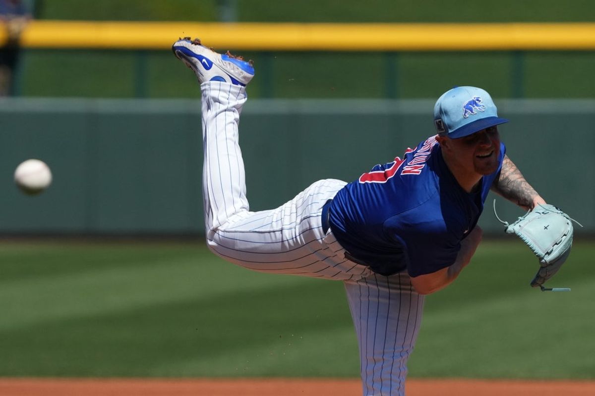 Mar 21, 2025; Mesa, Arizona, USA; Chicago Cubs pitcher Cade Horton throws against the San Diego Padres in the first inning at Sloan Park. Mandatory Credit: Rick Scuteri-Imagn Images