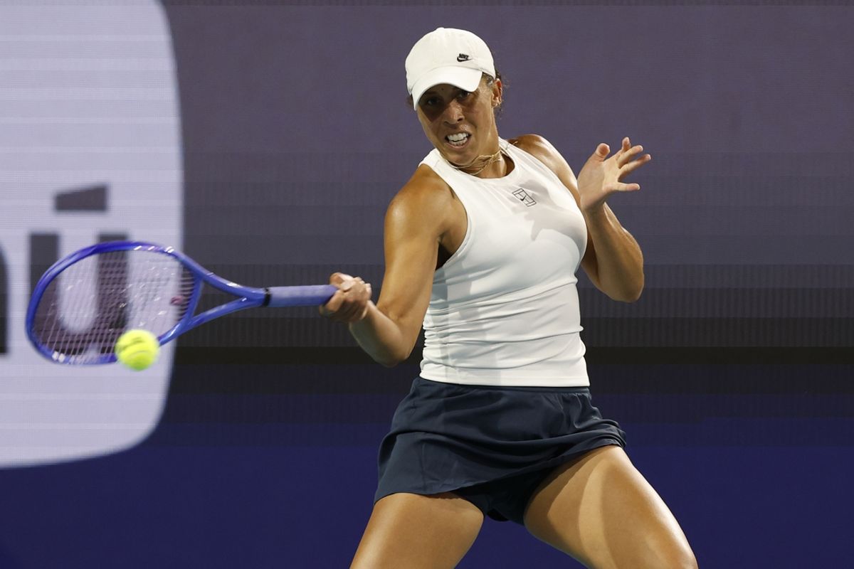 Mar 21, 2025; Miami, FL, USA; Madison Keys (USA) hits a forehand against Elina Avanesyan (ARM)(not pictured) on day four of the Miami Open at Hard Rock Stadium. Mandatory Credit: Geoff Burke-Imagn Images