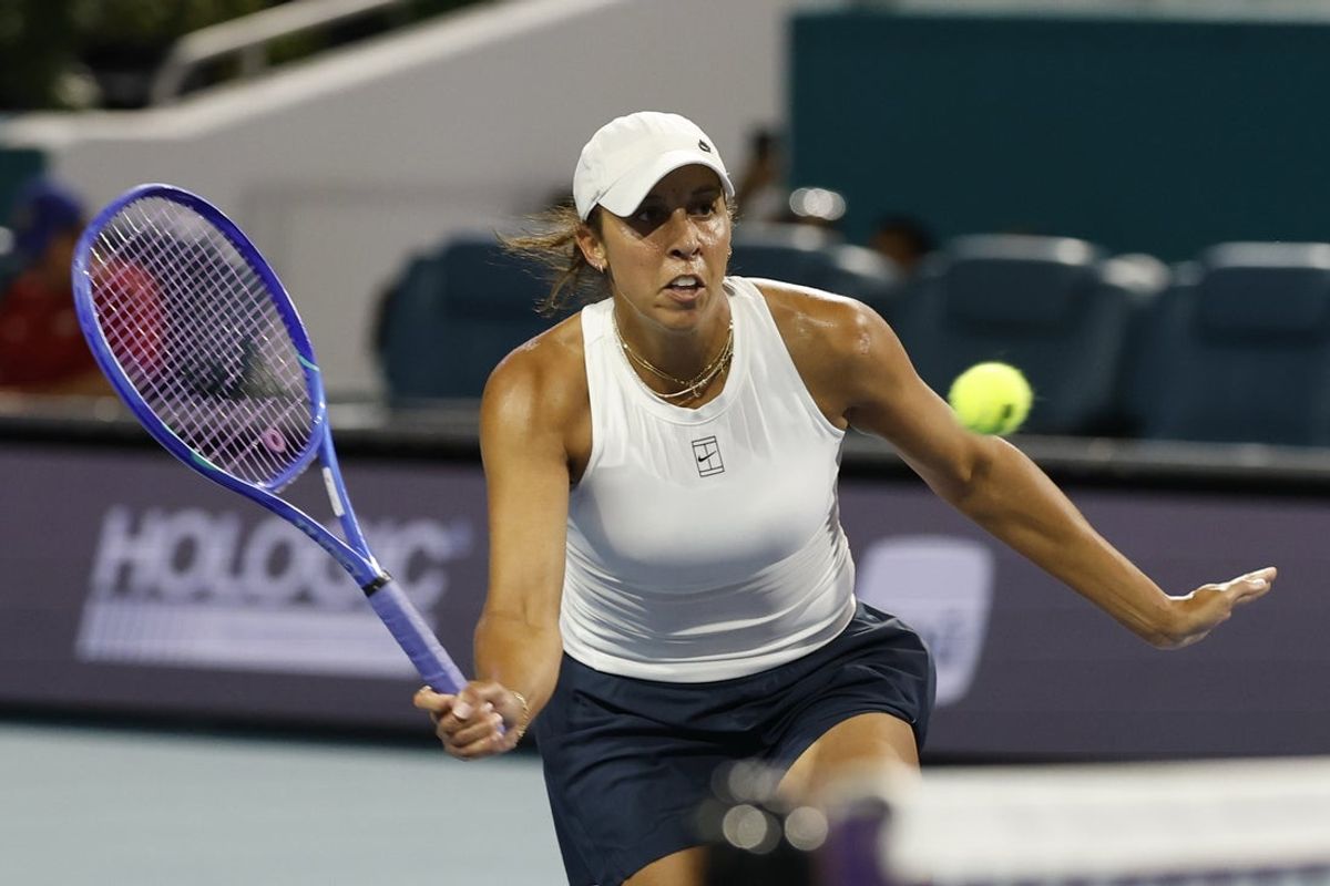 Mar 21, 2025; Miami, FL, USA; Madison Keys (USA) hits a volley against Elina Avanesyan (ARM)(not pictured) on day four of the Miami Open at Hard Rock Stadium. Mandatory Credit: Geoff Burke-Imagn Images