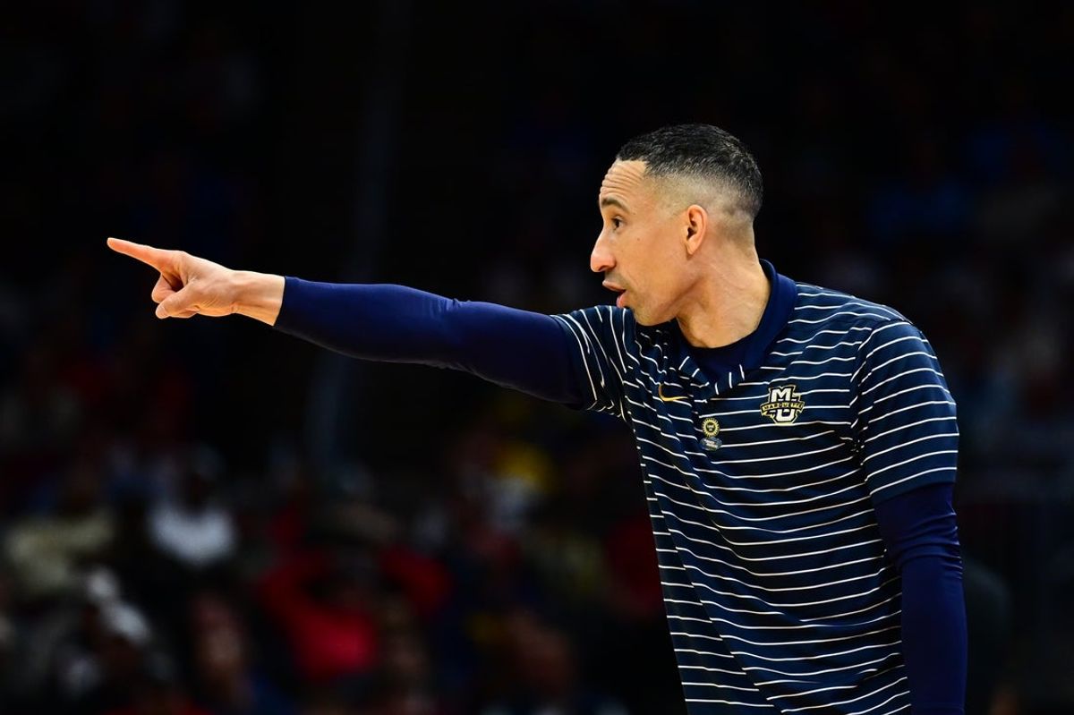 Mar 21, 2025; Cleveland, OH, USA; Marquette Golden Eagles head coach Shaka Smart coaches in the first half against the New Mexico Lobos during the NCAA Tournament First Round at Rocket Arena. Mandatory Credit: Ken Blaze-Imagn Images