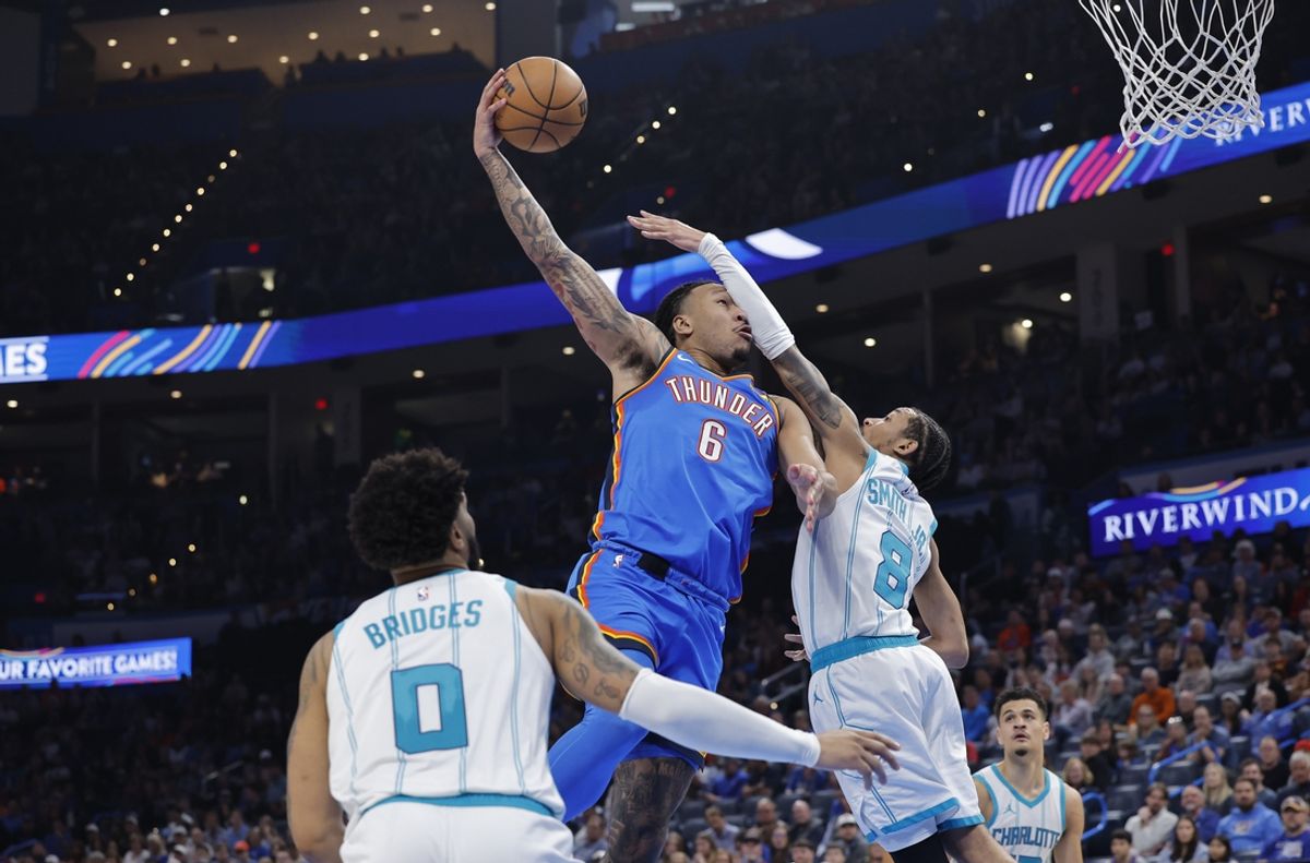 Mar 21, 2025; Oklahoma City, Oklahoma, USA; Oklahoma City Thunder forward Jaylin Williams (6) is fouled by Charlotte Hornets guard Nick Smith Jr. (8) on the way to the basket during the second quarter at Paycom Center. Mandatory Credit: Alonzo Adams-Imagn Images