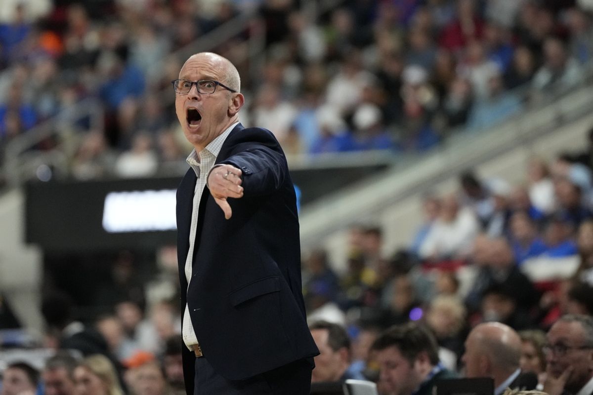 Mar 21, 2025; Raleigh, NC, USA;  Connecticut Huskies head coach Dan Hurley reacts during the first half against the Oklahoma Sooners at Lenovo Center. Mandatory Credit: Bob Donnan-Imagn Images