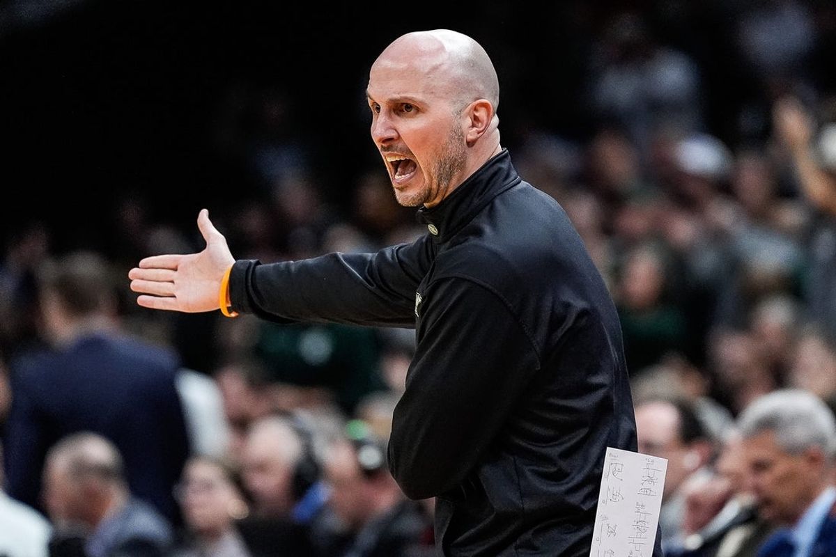 Bryant head coach Phil Martelli Jr. reacts to a play against Michigan State during the first half of the First Round of NCAA Tournament at Rocket Arena in Cleveland, Ohio on Friday, March 21, 2025.