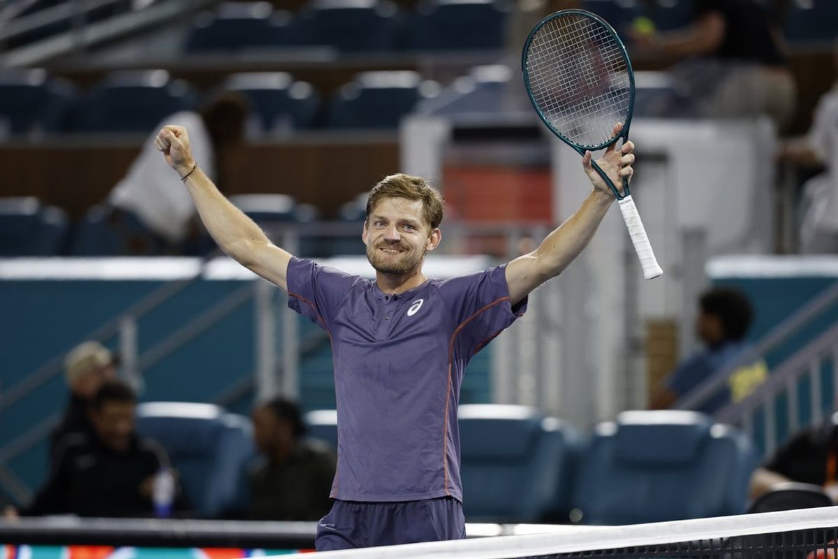 Mar 21, 2025; Miami, FL, USA; David Goffin (BEL) celebrates after his match against Carlos Alcaraz (ESP)(not pictured) on day four of the Miami Open at Hard Rock Stadium. Mandatory Credit: Geoff Burke-Imagn Images
