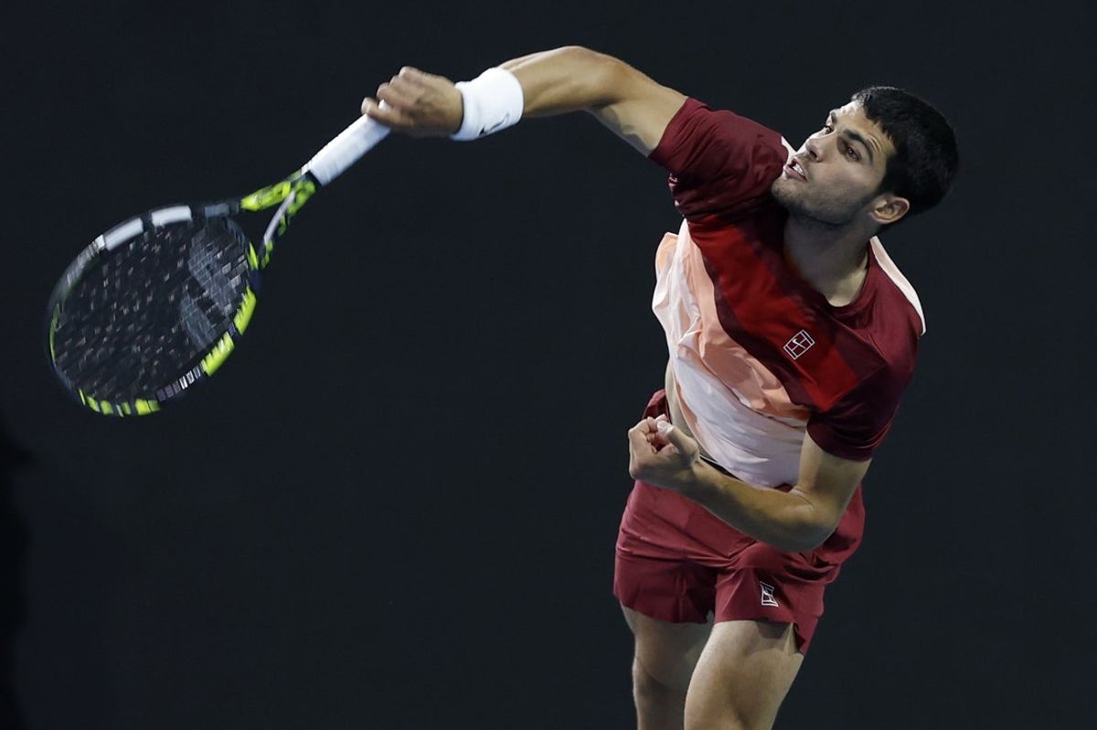 Mar 21, 2025; Miami, FL, USA; Carlos Alcaraz (ESP) serves against David Goffin (BEL)(not pictured) on day four of the Miami Open at Hard Rock Stadium. Mandatory Credit: Geoff Burke-Imagn Images