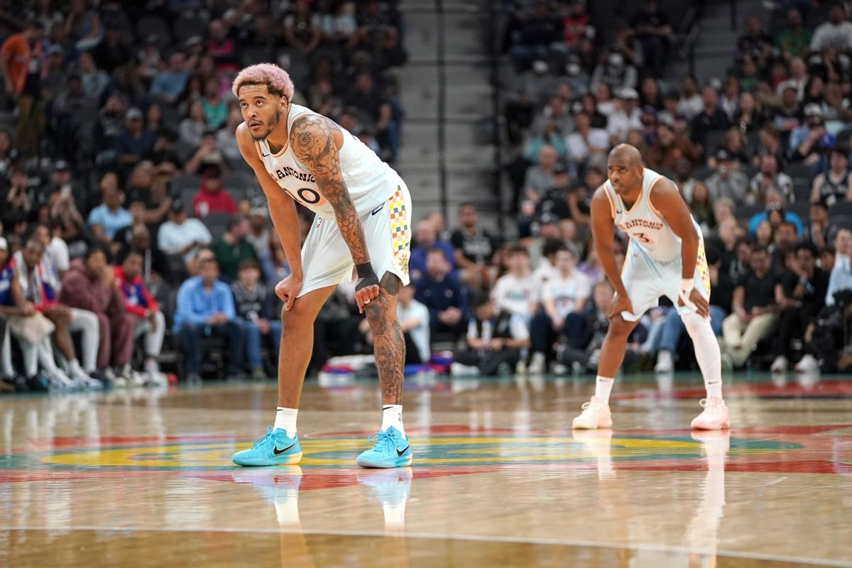 Mar 21, 2025; San Antonio, Texas, USA; San Antonio Spurs forward Jeremy Sochan (10) looks on during the second quarter against the Philadelphia 76ers at Frost Bank Center. Mandatory Credit: Dustin Safranek-Imagn Images
