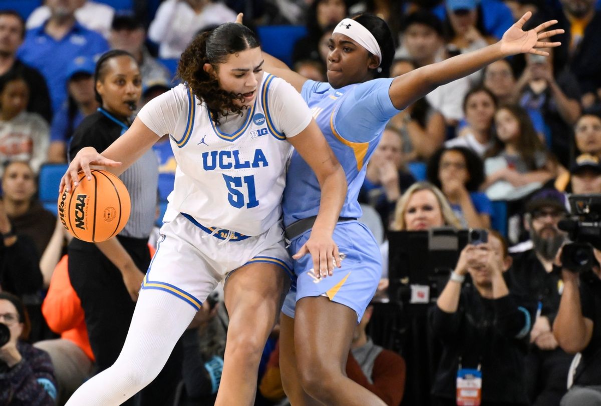 Mar 21, 2025; Los Angeles, California, USA; UCLA Bruins center Lauren Betts (51) drives the baseline as Southern Lady Jaguars forward DeMya Porter (24) defends during the third quarter of an NCAA Tournament first-round game at Pauley Pavilion presented by Wescom. Mandatory Credit: Robert Hanashiro-Imagn Images