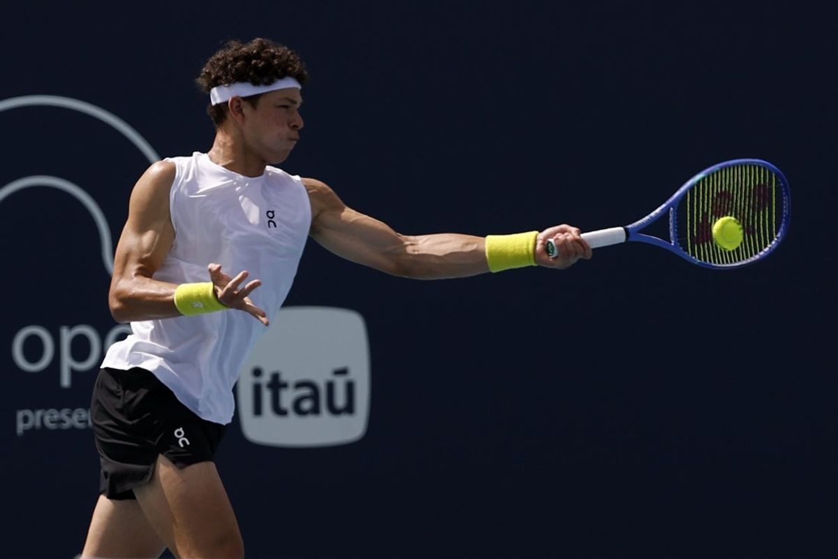 Mar 22, 2025; Miami, FL, USA; Ben Shelton (USA) hits a forehand against Colton Wong (HKG)(not pictured) on day five of the Miami Open at Hard Rock Stadium. Mandatory Credit: Geoff Burke-Imagn Images