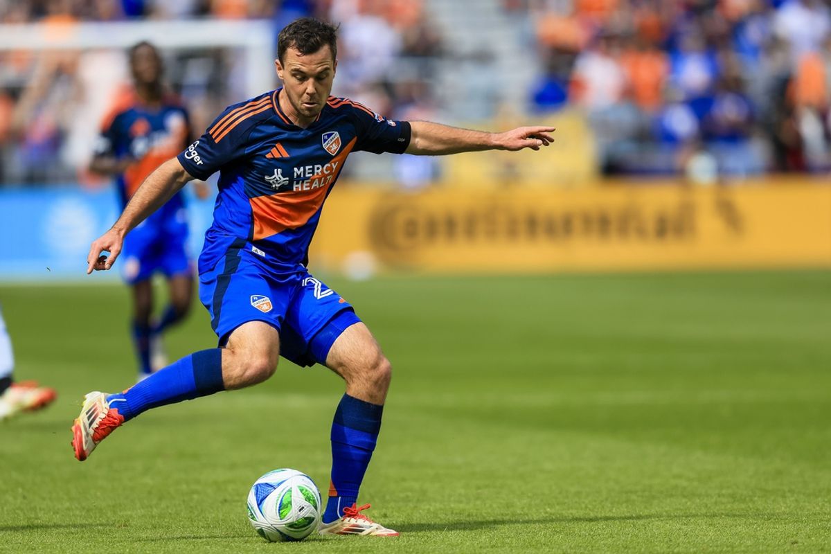 Mar 22, 2025; Cincinnati, Ohio, USA; FC Cincinnati midfielder Pavel Bucha (20) kick the ball against Atlanta United in the first half at TQL Stadium. Mandatory Credit: Katie Stratman-Imagn Images